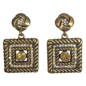 Square Gold Tone Vintage Style Rhinestone Grey AB Topaz Drop Earrings